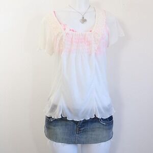 y2k lace trim sheer blouse smocked coquette